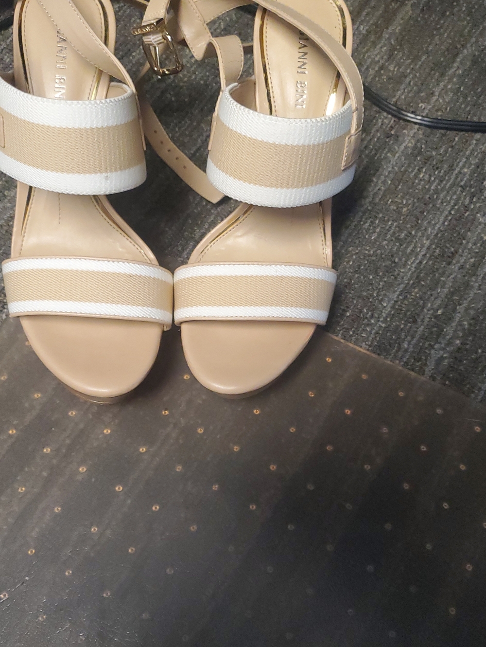 Gianni Bini Beige and White Strappy Block Heel Sandals